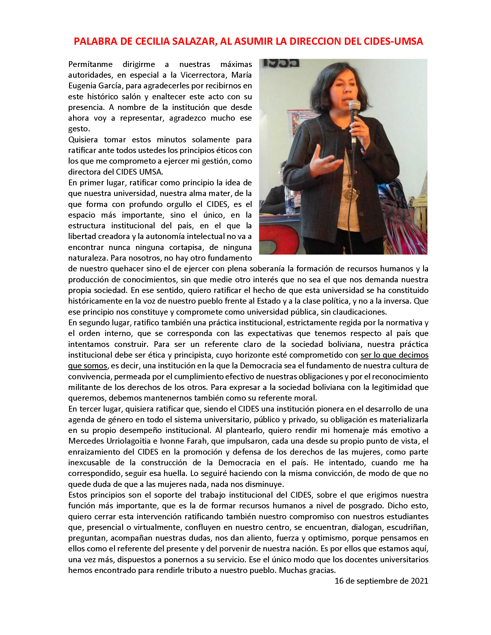Acto de Posesión de la Directora CIDES UMSA Mg Cecilia Salazar de la Torre